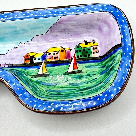 Hand-Painted Kelvin Chen Enamel Copper Eyeglasses Dish Tray Sailboat Scene 2001 - Picture 7 of 8
